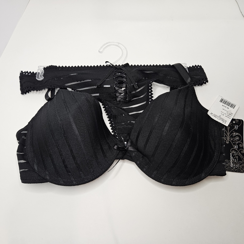 Rampage Intimates 2 Piece Set 34C/M Black Bra Underwear Panty Thong NEW